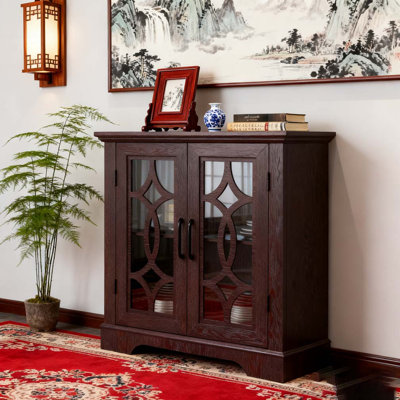 Storage sideboard cabinet with 2 decorative acrylic mirrored doors, adjustable shelf for dining room