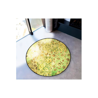 Machine Washable Light Green Themed Traditional Patterned Round Woven Base Vintage Decorative Rug