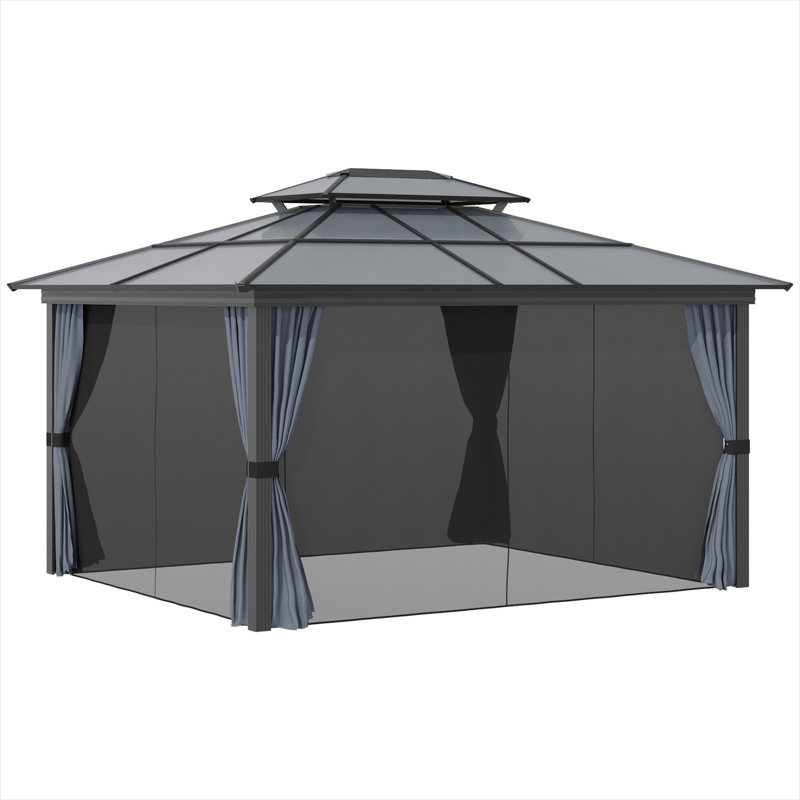 Pavillon de jardin avec conception ajustable, jumelant un cadre en métal de 10 pi x 12 pi et noir profond, métal et aluminium