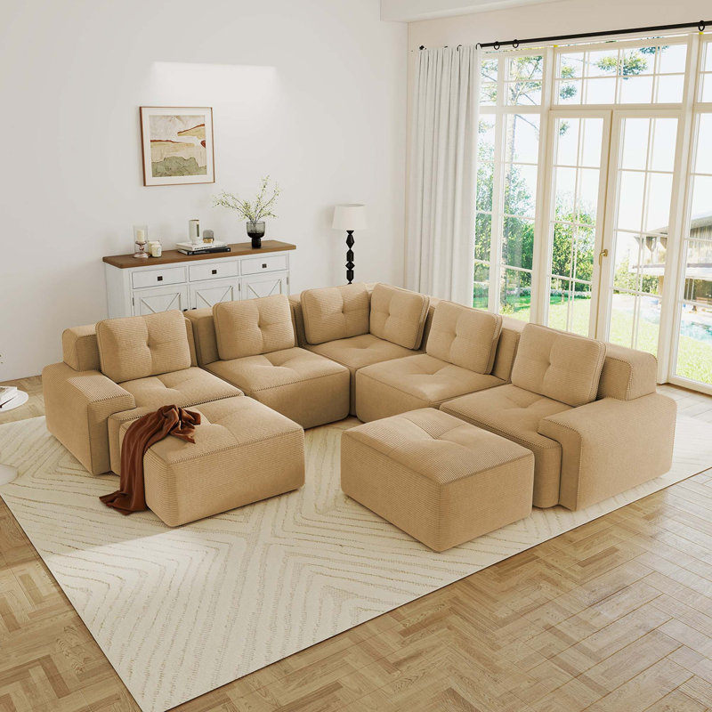 Canapé modulaire modulaire avec assise profonde en velours côtelé et sans assemblage, Velours côtelé - Chameau