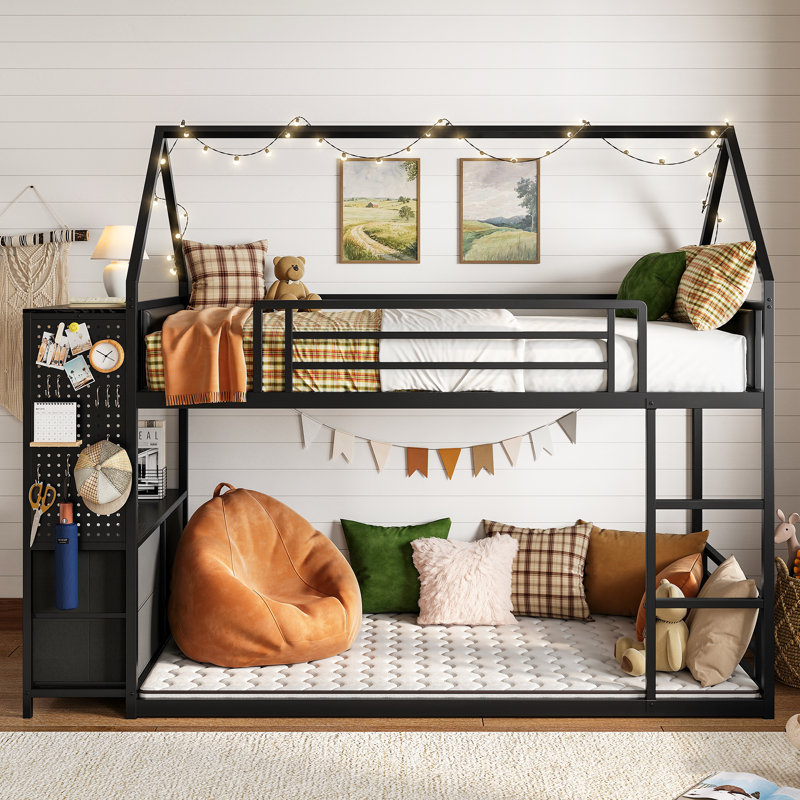 Duo Bunk Bed Twin Over Twin with Drawers,Hall Tree and Guardrail, Space Saving, No Box Spring Needed, Black