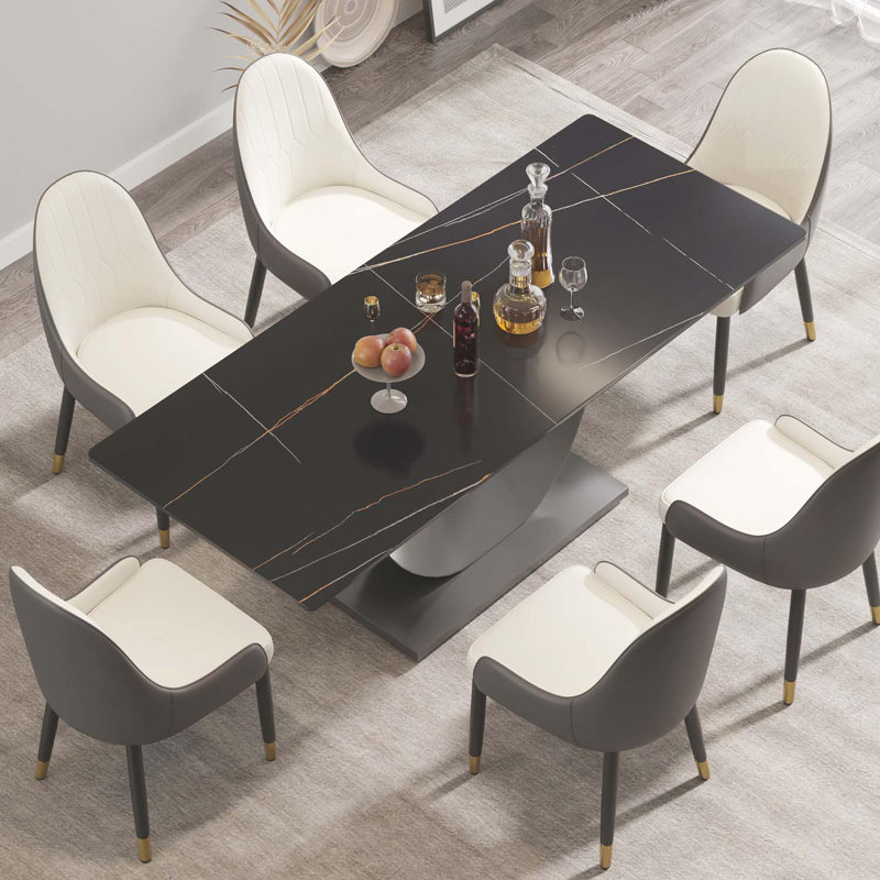 Kentrez Stone Top Metal Base Dining Table, Black, 35.43" W x 78.74" L