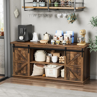 Farmhouse Sideboard Buffet Cabinet, Coffee Bar Storage With Sliding Barn Doors, Shelf For Home Dining Room, Barnwood