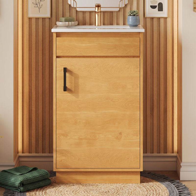 Meuble-lavabo simple de 20 po avec lavabo en céramique intégré - Armoire de rangement autoportante en grain de bois pour salles d'eau - Porte à fermeture en douceur - Naturel