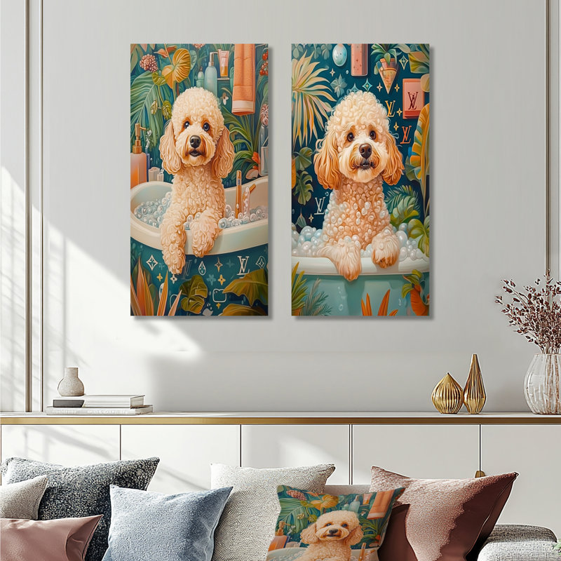 «Poodle Dog Bath Time Bubbles I», ensemble d'art mural 2 pièces, Ne s’applique pas, Toile tendue sur cadre, H 28 po x l 24 po