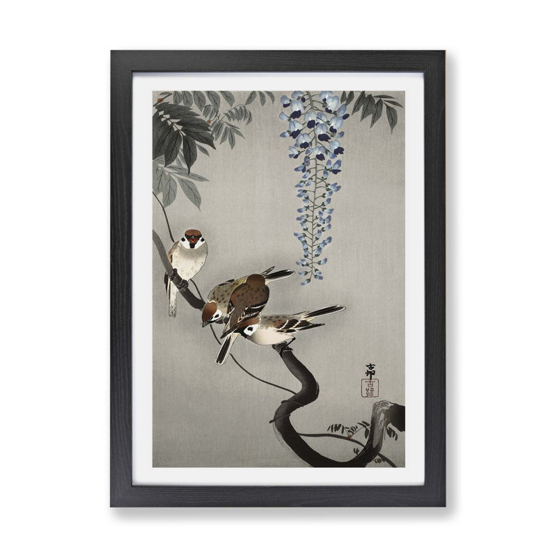 Sparrows At Wisteria by Ohara Koson - Single Picture Frame Painting, 45cm H x 63cm W x 2cm D, Black