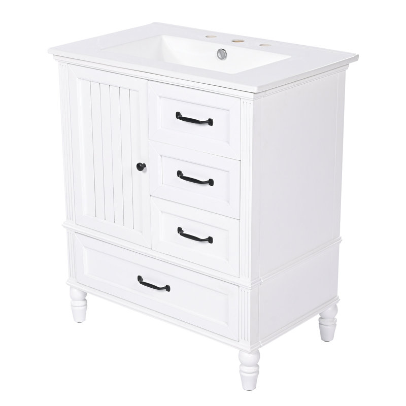 Meuble-lavabo de 30 po avec lavabo, armoire de salle de bain avec porte, trois tiroirs, pieds en bois massif et panneau de fibres à densité moyenne, patins réglables