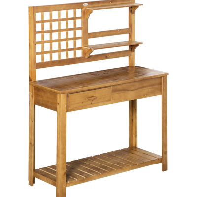 Établi de jardin extérieur en bois avec tiroir et tablette Courtyards, brun. Bois de sapin massif, imperméable, peut supporter 110 lb, pour le patio, le rangement de la station de rempotage du balcon, fabrication en bois de feu, supporté 110 lb,