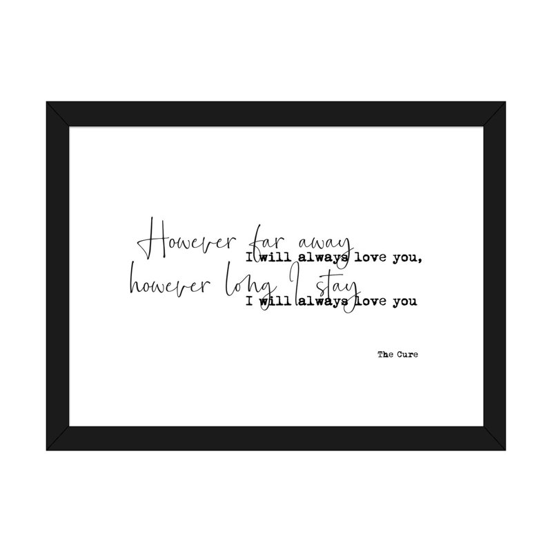 « Love Song »-impression d’art textuel, H 16 po x l 24 po x P 1 po, Papier encadré noir, Blanc