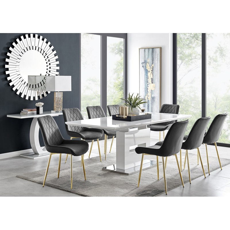 Alezzo Modern High Gloss Extendable Dining Table Set & 8 Luxury Velvet Dining Chairs
