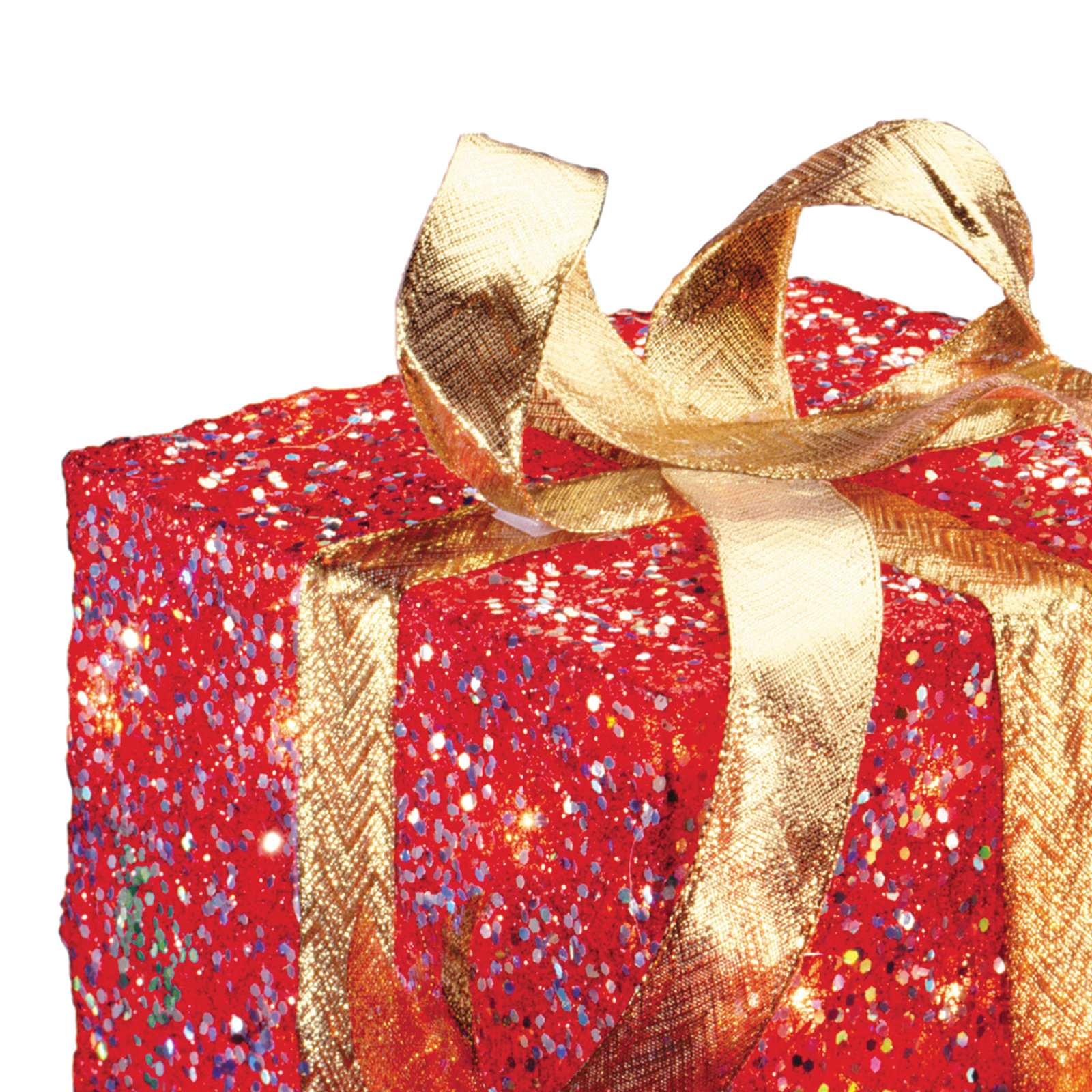 Pre-Lit Sisal Gift Box Set, Red with Gold Bows, 10.6" H x 10" W x 10" D