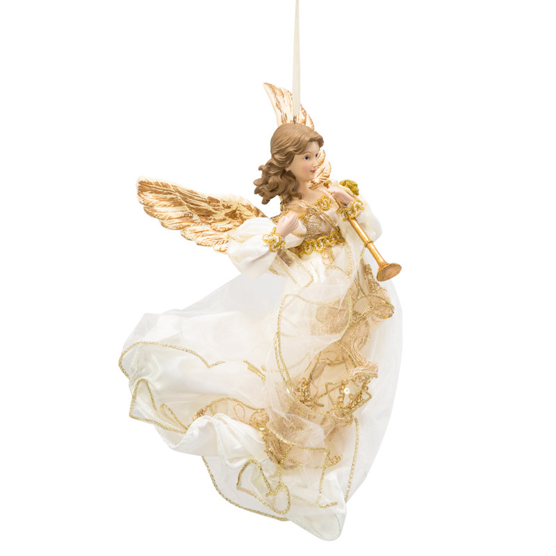 Ivory and Gold Angel Tree Topper with Trumpet