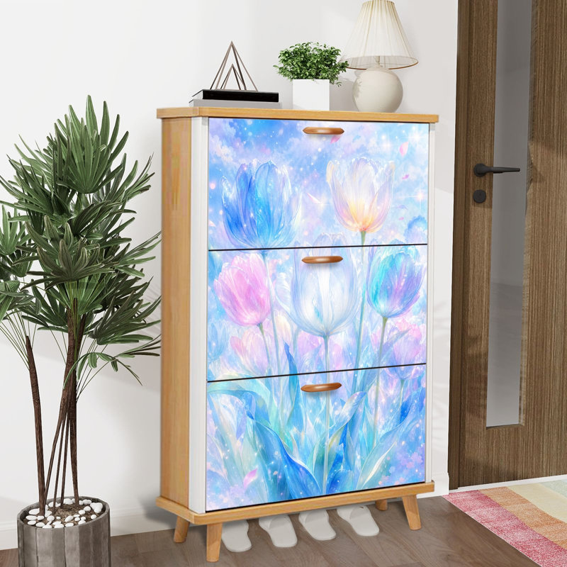 Rangement à chaussures avec 3 tiroirs rabattables pour jardin de tulipes pastel, fleurs bleues et roses