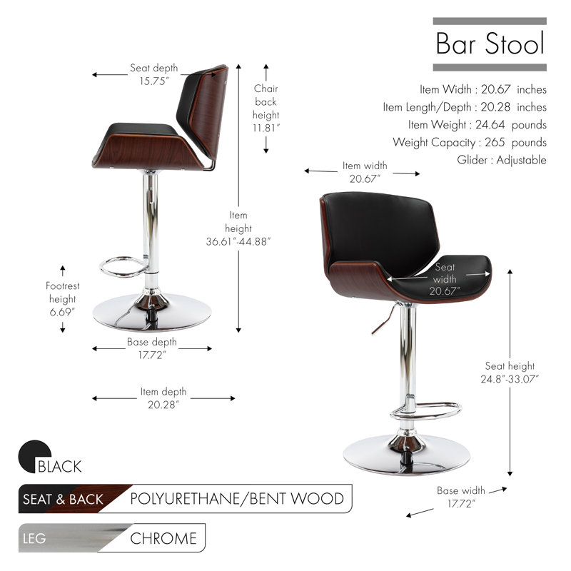 Maximo Swivel Adjustable Height Faux Leather Mid-Century Bar Stool, Black