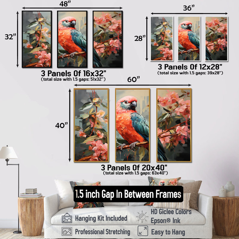 Perroquet rose et vert, arbre floral, harmonie I - art mural perroquet, Cadre flottant doré, H 40 po x l 61 po