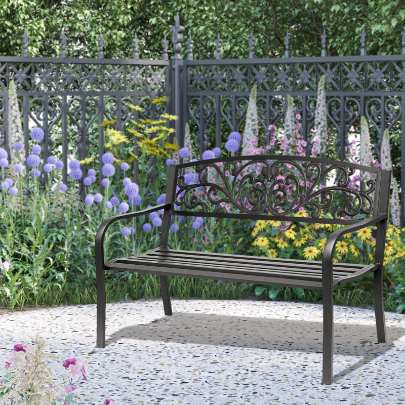 Banc de 50 po en métal avec dossier à motif floral pour cour