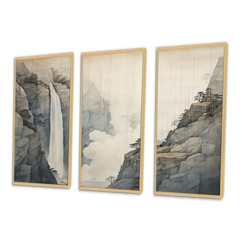 Beige et gris Simple Cliff Waterfall I - Ensemble de décoration murale cascade, H 40 po x l 60 po x P 1 po