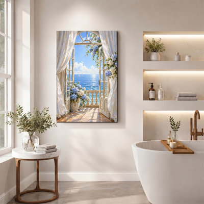 Mediterranean Balcony View Scenic Coastal Elegant HighEnd Canvas Print Wall Art Landscape Painting