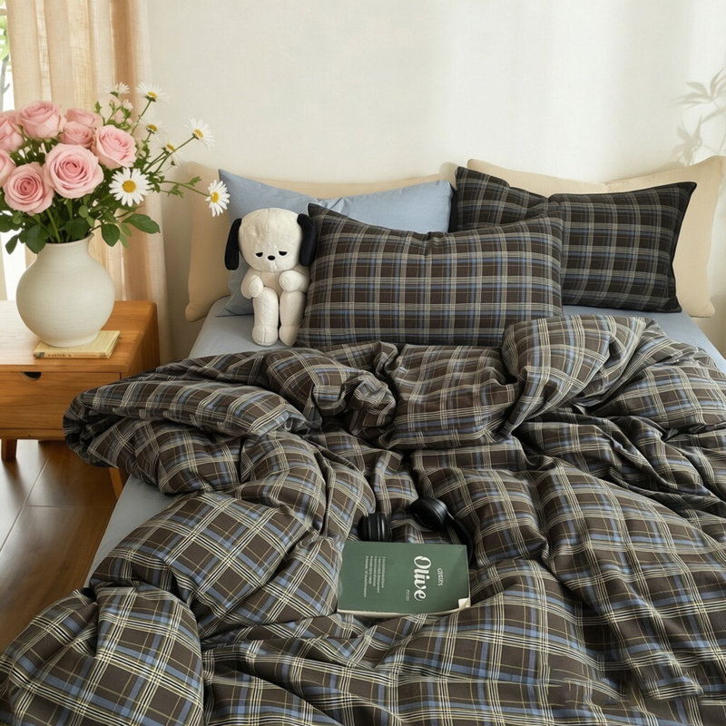 Ensemble de housse de couette 100% coton lavé XINMIANFANG Gingham