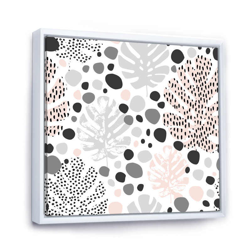 Éléments abstraits dans des tons de gris, feuilles tropicales - impression sur toile, Cadre flottant blanc