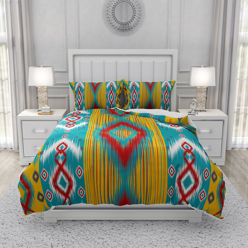  Ensemble de housse de couette en microfibre turquoise, jaune et rouge 3 pièces, Queen Duvet Cover + 2 King Shams