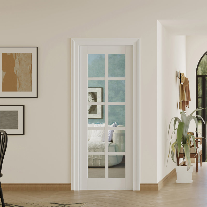 Dalle de porte intérieure pré-suspendue en verre transparent 10-Lite - Panneau de fibres à densité moyenne blanc avec montant réglable et ensemble de quincaillerie 