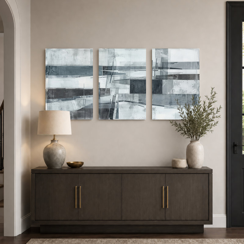 Ensemble de 3 toiles abstraites géométriques tendues sur châssis, idéales pour la décoration du salon, de la chambre et de la maison.