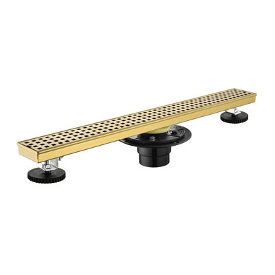 24-Inch Linear Shower Drain with Removable Grate in Brushed Gold Finish, 304 Stainless Steel Floor Drain with Hair Strainer and Leveling Feet