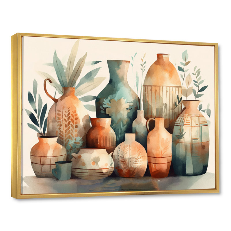 Vase en céramique orange et vert Rosslyn I - Boho Pottery, H 34 po x l 44 po x P 1,5 po, Cadre flottant doré