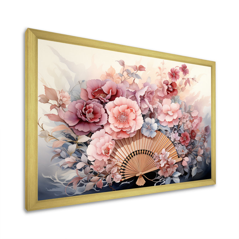 «China Art Silk Fans», reproduction d'art sur porcelaine, H 16 po x l 32 po x P 1 po, Cadre doré à une seule photo