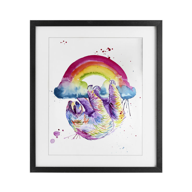 «Sloth Hanging From Rainbow», reproduction encadrée sous verre, design par Jennifer Seeley, Cadre noir minuit