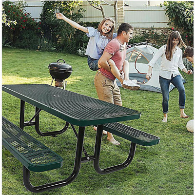 6 ft. Rectangular Outdoor Steel Picnic Table with umbrella pole in Green