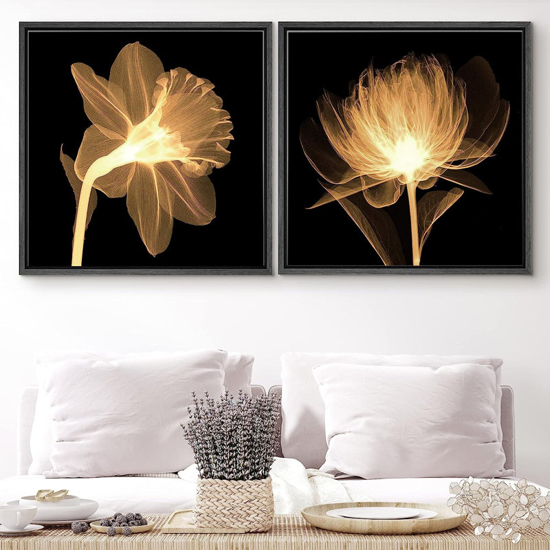 " X-Ray Golden Water Lily Closeups Floral Plants " 2 - Pieces, Black Framed, 16" H x 32" W x 1.5" D