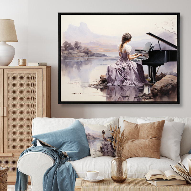 Gris, mauve, musique, harmonie mélodique - musique sur toile, H 24 po x l 32 po, Cadre flottant noir