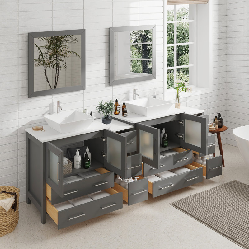  Modern 84" Freestanding Double Sink Bathroom Vanity with Engineered Marble Top and Matching Mirrors, Gray