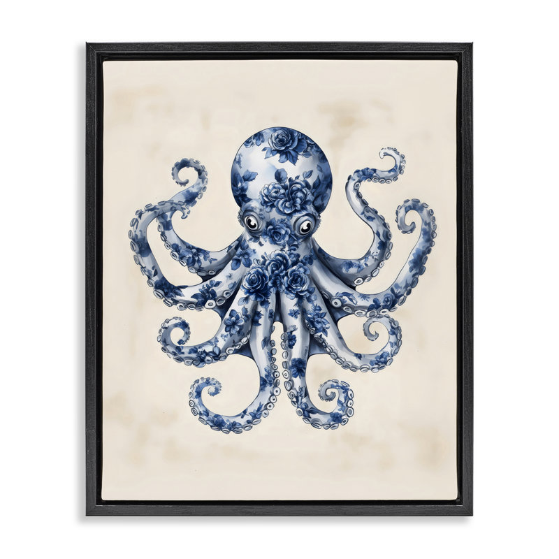 Cadre flottant bleu avec pieuvre florale, design par Arlington Prints, Cadre flottant noir de jais, H 21 po x l 17 po