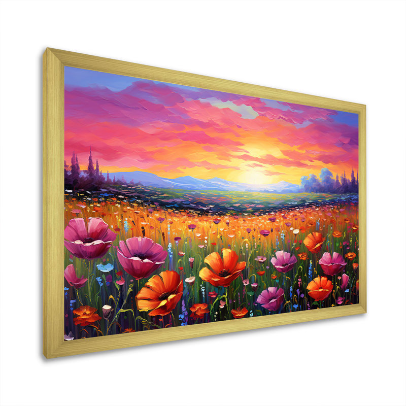 «Calming Pastel Horizon Flowers Fields I», reproduction sur toile, Cadre doré simple, H 24 po x l 32 po x P 1,5 po