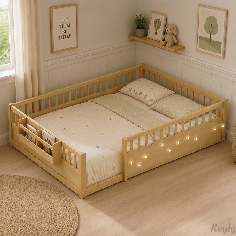 Lit de sol Montessori avec barrières de sécurité et motif nuage, Lit simple, Rose