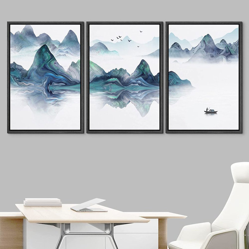 «Abstract Landscape Teal Mountain Range Natural Landscape Boat on the Lake», reproduction d'art sur toile 3 pièces, Noir
