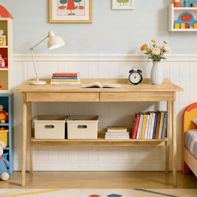 Wood Writing Desk with 2 Drawers, Storage Shelf, and Side Hooks for Small Home Office Spaces, Mid Century Modern Design