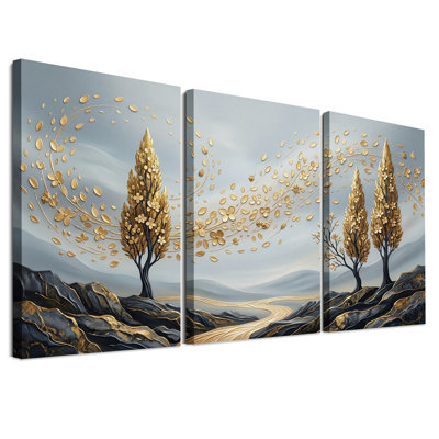Ensemble de 3 toiles dorées avec feuilles fluides sur fond rocheux foncé