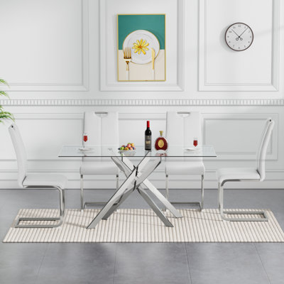 Glass Dining Table Set, Modern Glass Kitchen Table and Chairs, Dining Room Table Set with 51" Glass Dinner Table & Faux Leather Chairs for Small Space
