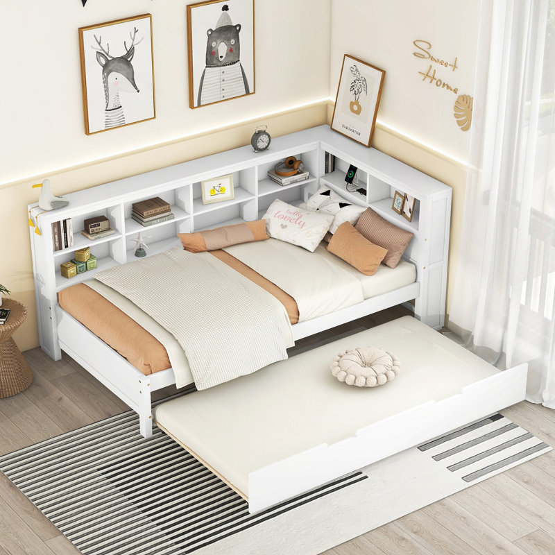 Wooden Daybed With Twin Trundle, Daybed With Storage Shelf And USB Charging Ports,White