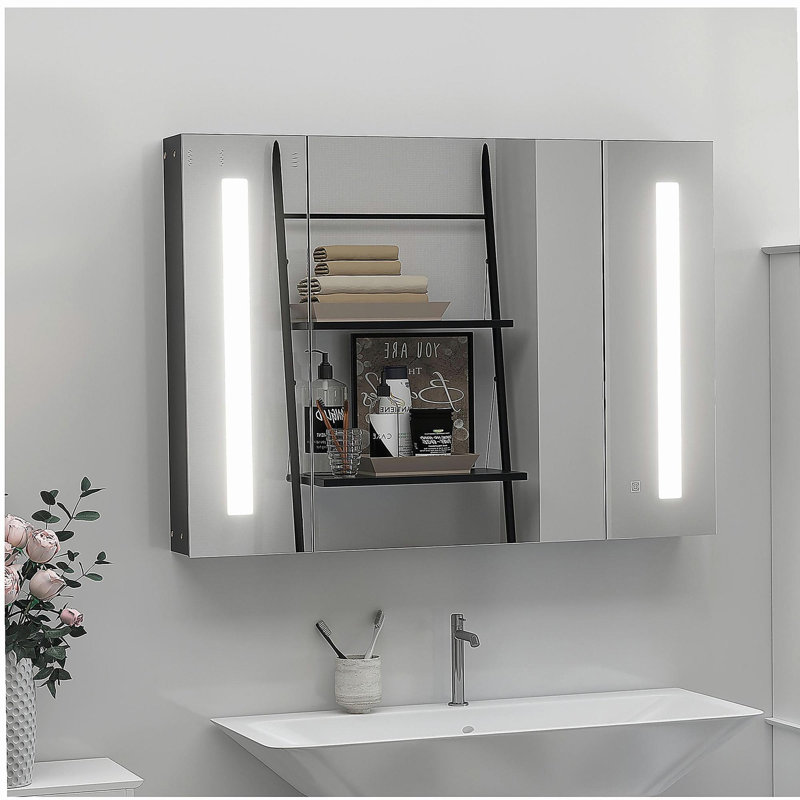 Armoire de salle de bain murale avec miroir à DEL kleankin, l 35,5 "x H 25,5" avec fonction de mémoire, charge USB, noir ultrabrillant