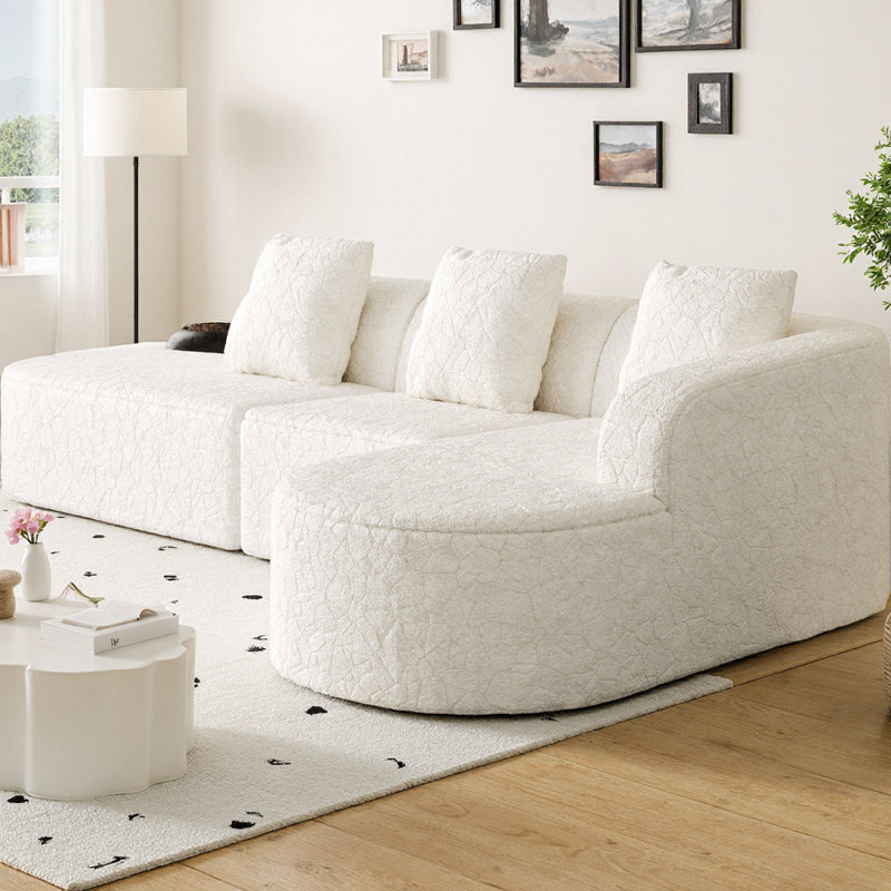 Canapé modulaire incurvé modulaire en L avec tissu en polyester à poils longs texturé litchi, canapé Cloud moderne avec dossier incurvé et 3 coussins inclus, aucun assemblage requis