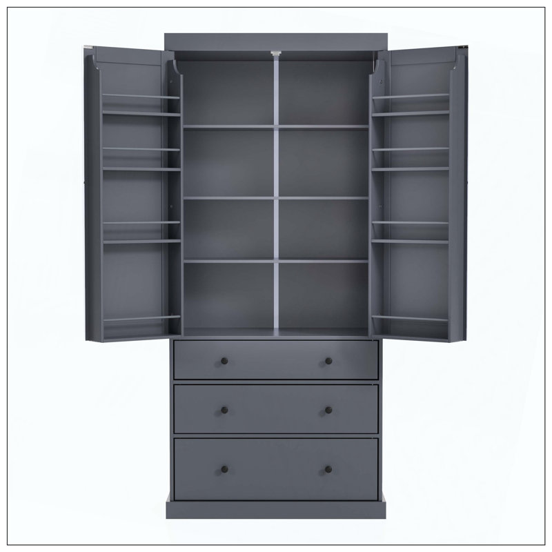 Armoire de cuisine Farmhouse, armoire de rangement haute autoportante avec 3 tablettes réglables, 8 tablettes de porte, 3 tiroirs pour la cuisine, la salle à manger