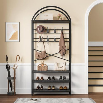 Double Arch Hall Tree with Shoe Bench, Heavy Duty Entryway Coat Rack Freestanding, 3-in-1 Mudroom Storage Organizer with 16 Hooks 3-Tier Shelving Industrial Rustic Wood Furniture, Anti-Tip