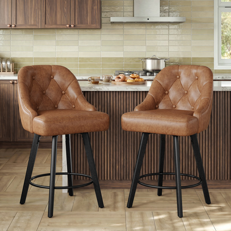 Swivel Upholstered Counter Stool with Solid Wood Frame, Grey Faux Leather, 2