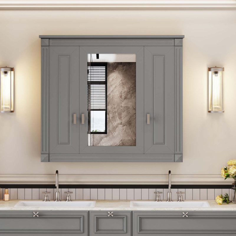 Armoire de salle de bain avec miroir, armoire à pharmacie murale avec 4 tablettes, armoire de rangement avec miroir, Gris