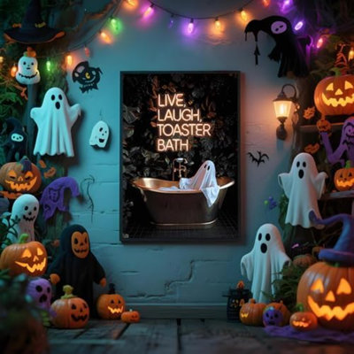 «Gothic Ghost», art mural, drôle, grille-pain, affiche de bain, Académie sombre, décoration d'Halloween, toile de fantôme effrayante, fantôme mignon dans la baignoire, impressions pour salle de bain, néon, cadre en métal noir 20 po x 30 po